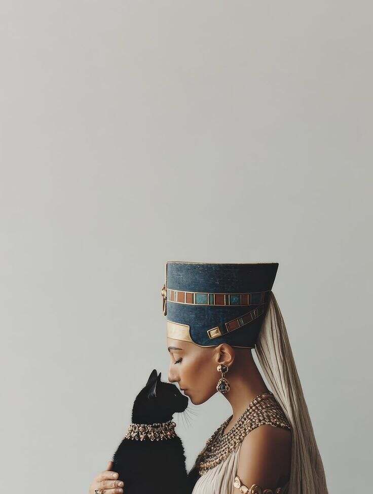 Mulher de perfil com a coroa de Nefertari, beijando uma gata preta