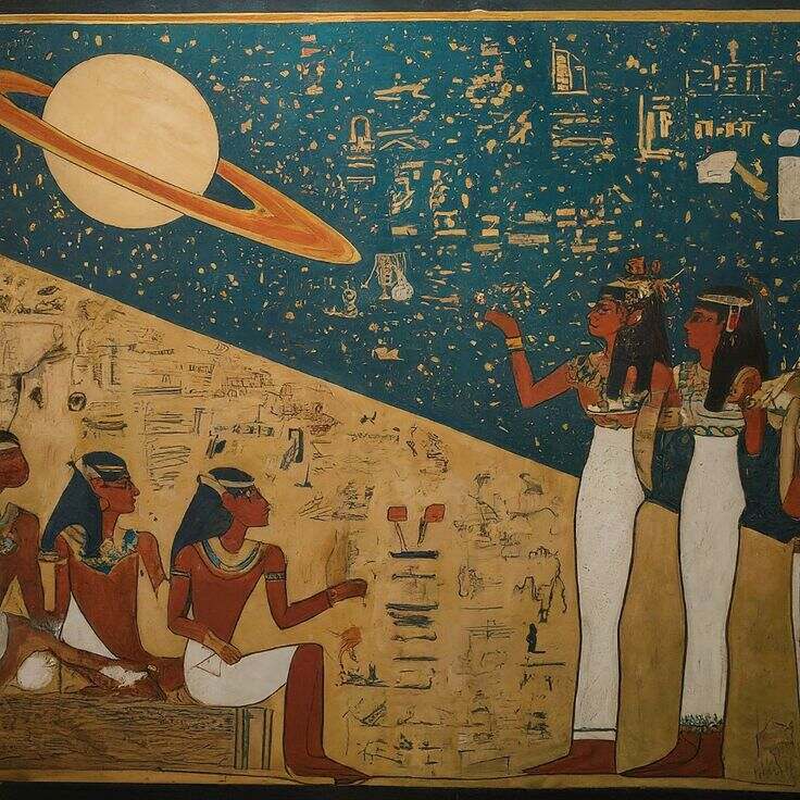 Pintura egípcia com o planeta Saturno sobre um céu estrelado
