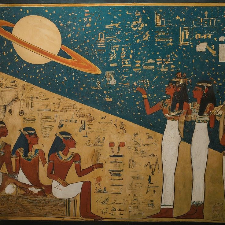 Pintura egípcia de mulheres contemplando o planeta Saturno
