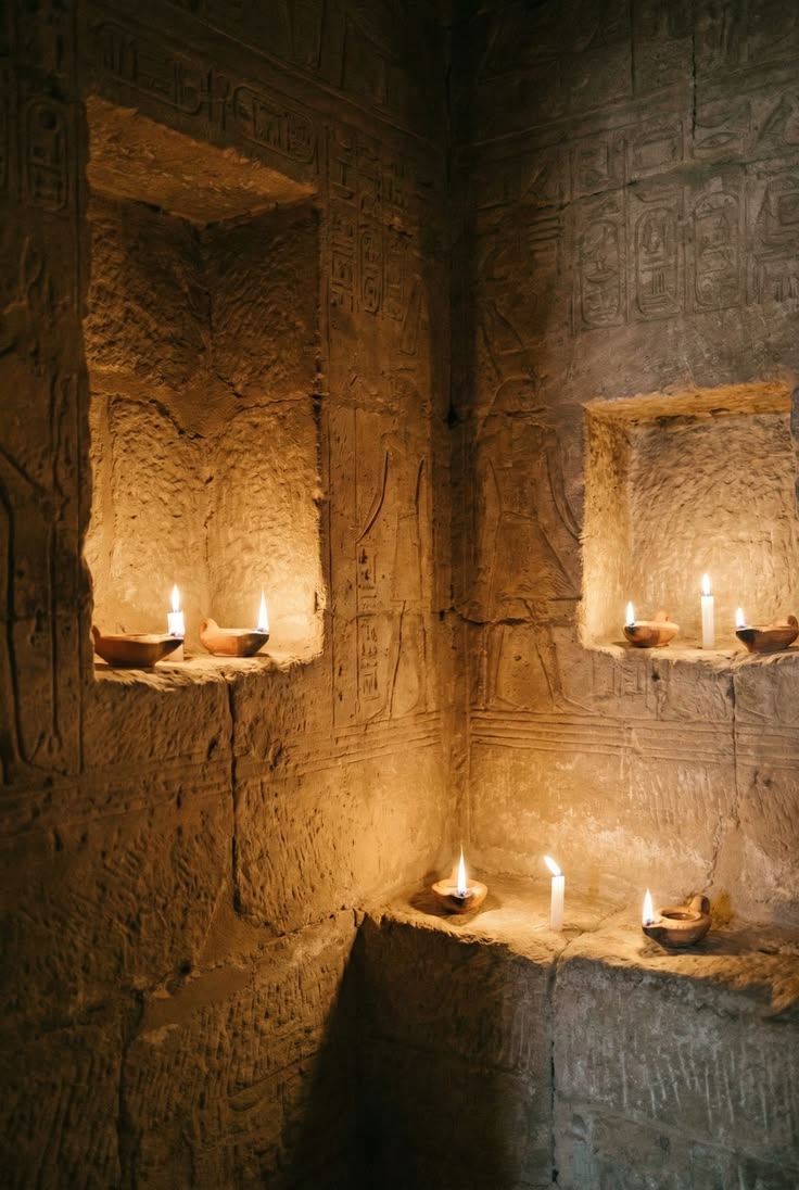 Nicho de templo egípcio iluminado por velas